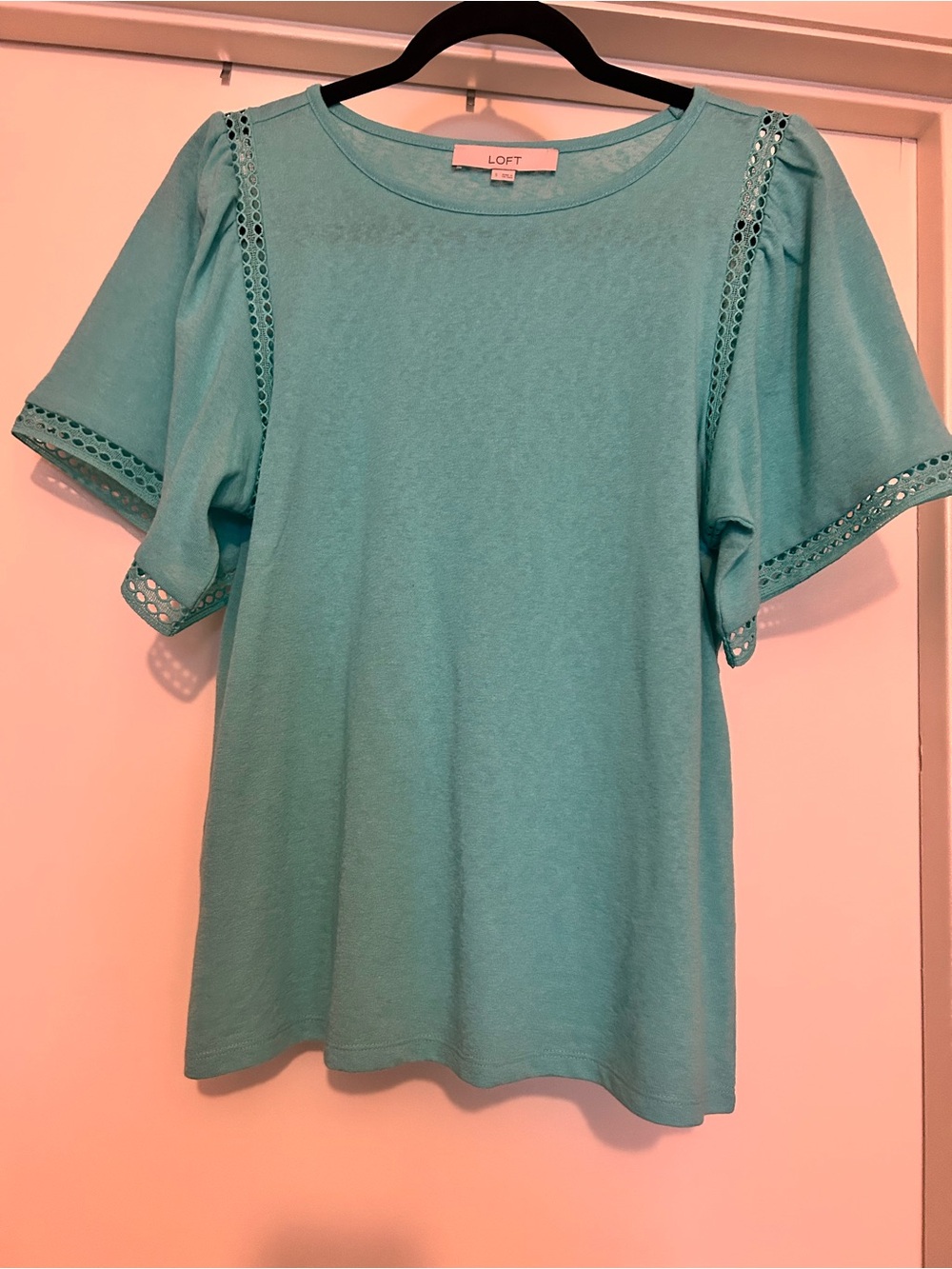 LOFT Aqua Eyelet-Trim Short Sleeve Top